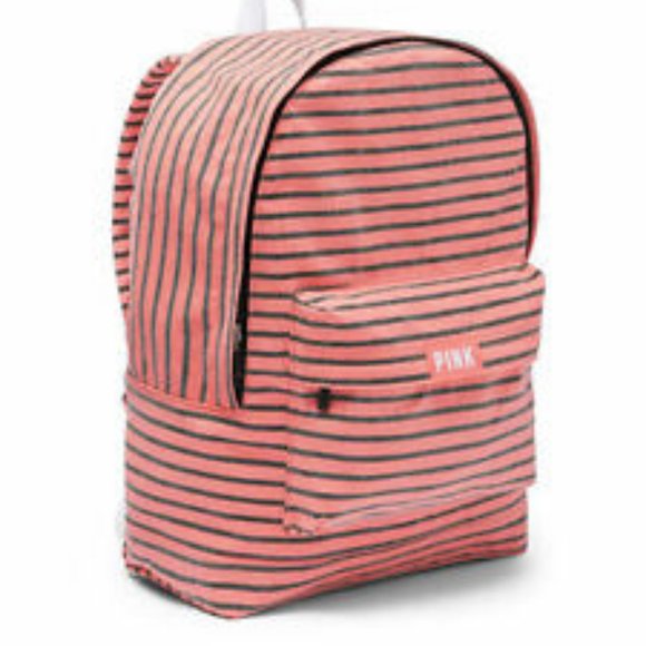 VS Pink Campus Coral Orange Black Stripe Cotton Canvas Backpack